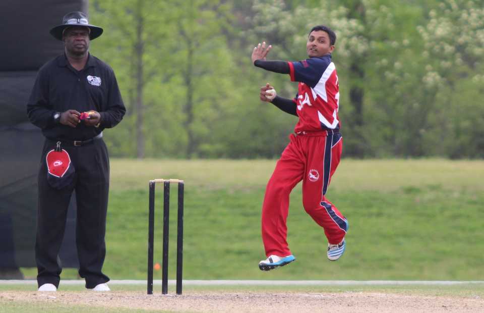 Timil Patel bounds in to the crease, United States of America v Canada, ICC Americas Region Division One Twenty20, Indianapolis, May 9, 2015