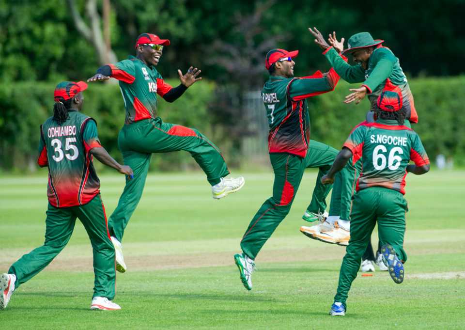The Kenya players enjoy a celebratory jig after their 42-run win