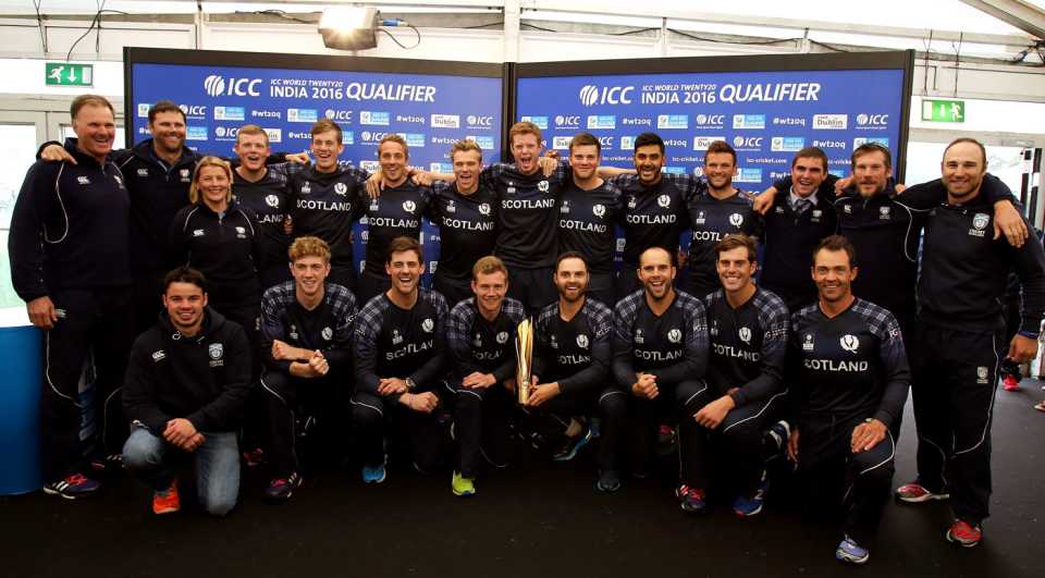 The Scotland team pose with the trophy after the final was rained out, Netherlands v Scotland, World T20 Qualifier final, Malahide, July 26, 2015