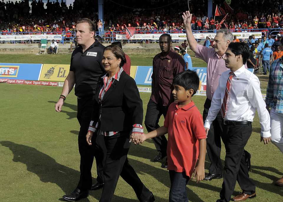 Damien O'Donohoe (far left) with Trinidad & Tobago prime minister Kamla Persad-Bissessar at the CPL final