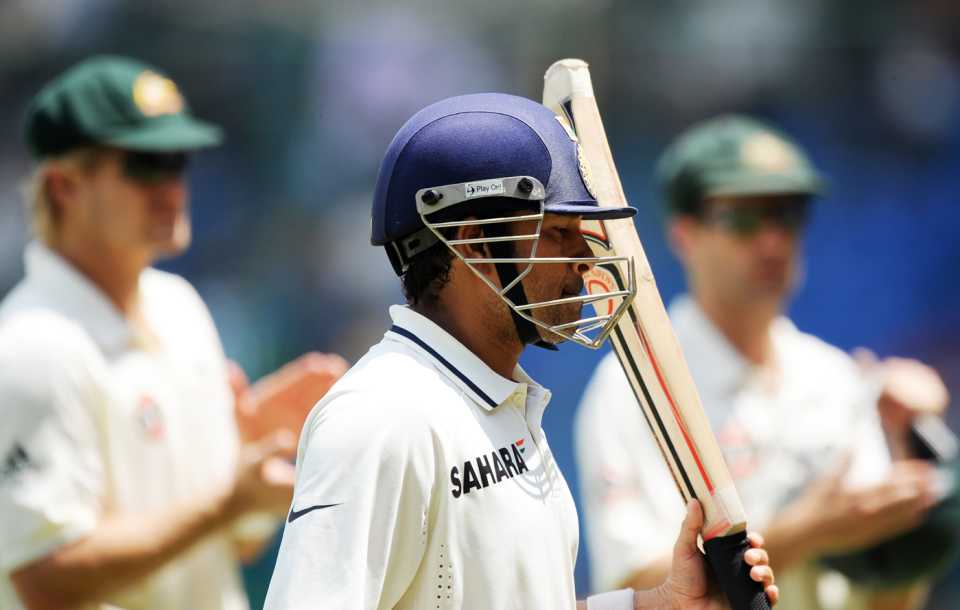 Sachin Tendulkar walks off the field for lunch, India v Australia, second Test, third day, Bangalore, October 11, 2010