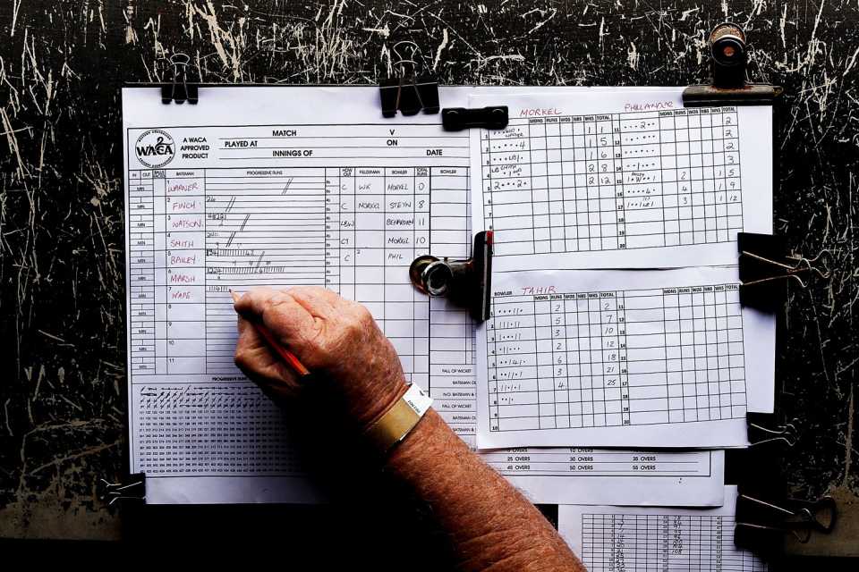 A scorer makes note of the proceedings, Australia v South Africa, 2nd ODI, Perth, November 16, 2014
