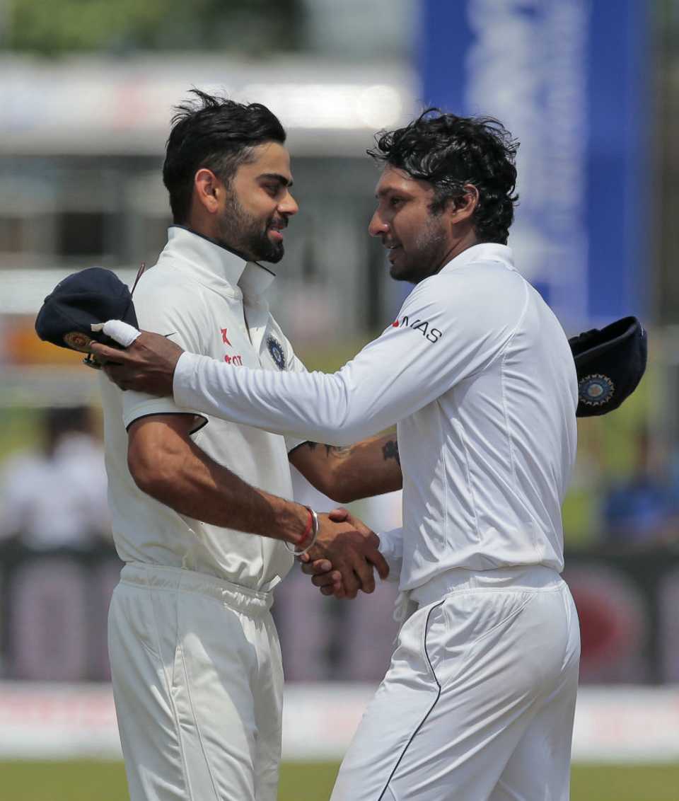 Kumar Sangakkara is congratulated by Virat Kohli, Sri Lanka v India, 1st Test, Galle, 4th day, August 15, 2015