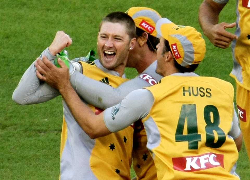 Michael Clarke celebrates after running out Virender Sehwag