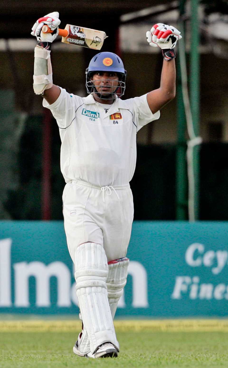 Kumar Sangakkara raises his arms in celebration after getting to a hundred, Sri Lanka v India, 3rd Test, P Sara Oval, Colombo, 2nd day, August 9, 2008