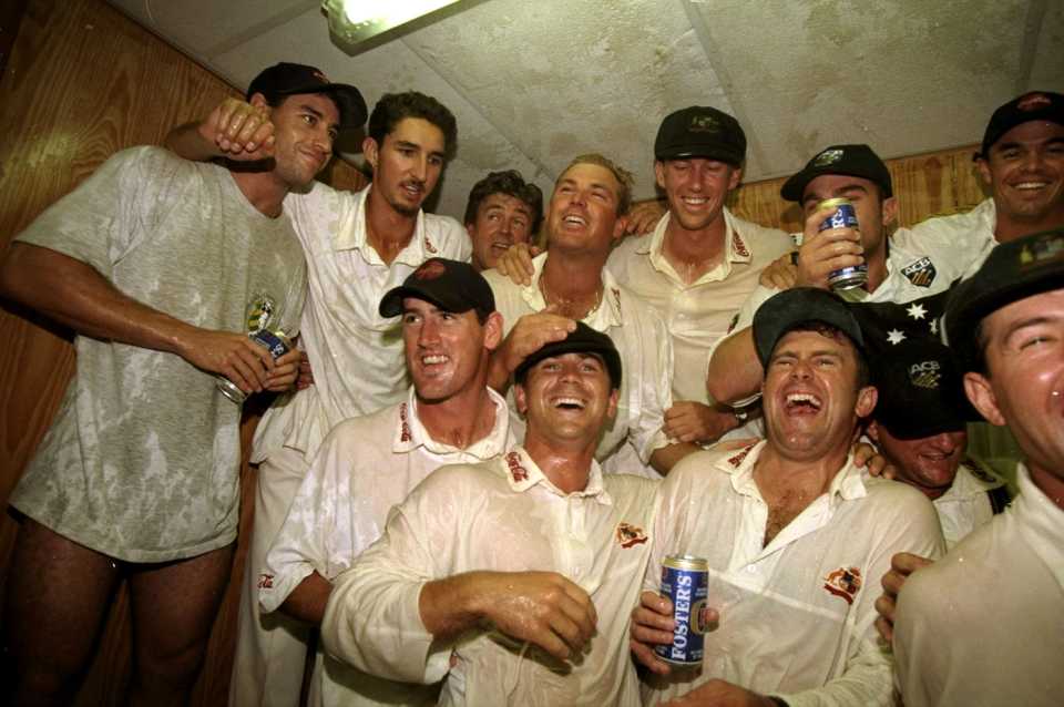 Australia celebrate their innings victory with a beer or 20