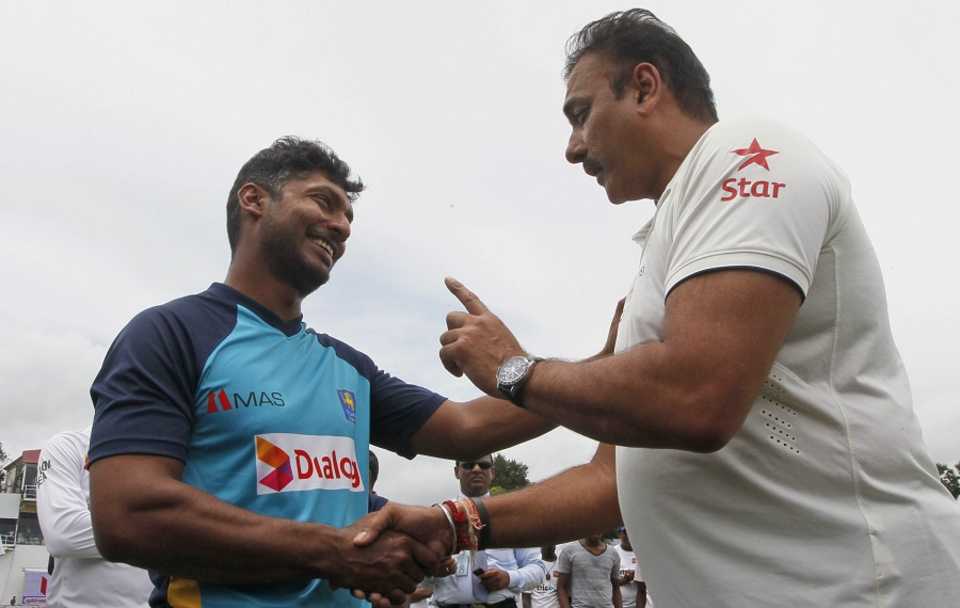 Kumar Sangakkara is congratulated by Ravi Shastri, Sri Lanka v India, 2nd Test, P Sara Oval, Colombo, 5th day, August 24, 2015