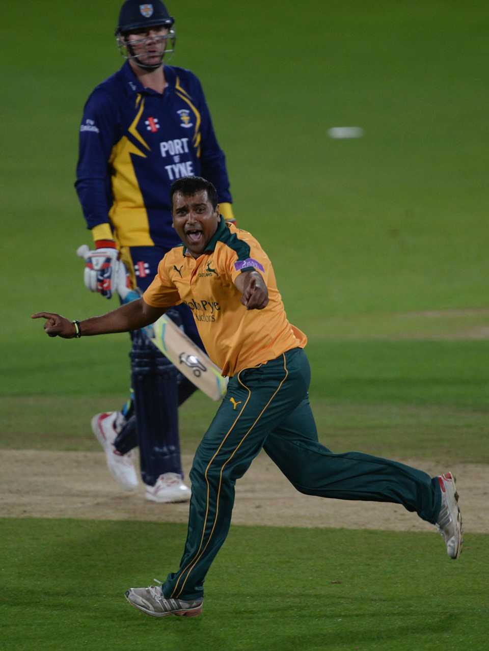 Samit Patel celebrates one of his four wickets