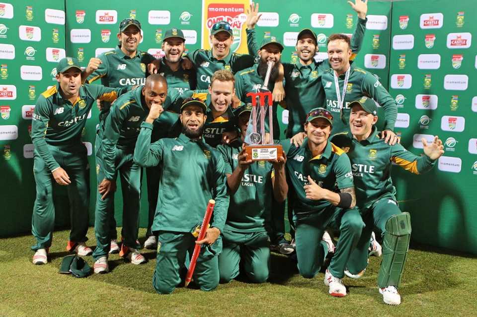 The South African players celebrate after sealing the series
