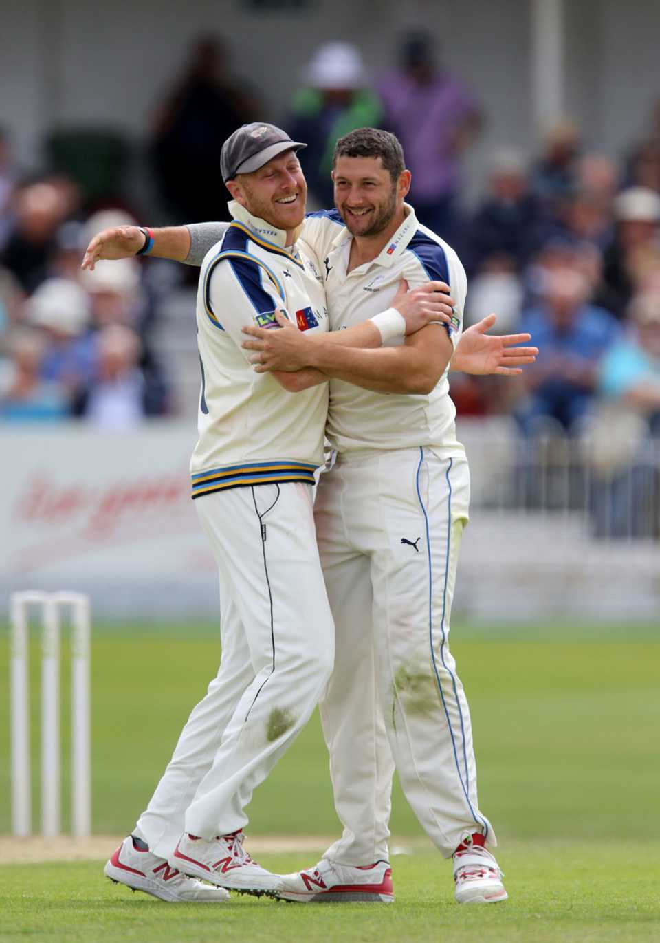 Andrew Gale gives Tim Bresnan a hug, Yorkshire v Worcestershire, County Championship, Division One, North Marine Road, 3rd day, July 21, 2015