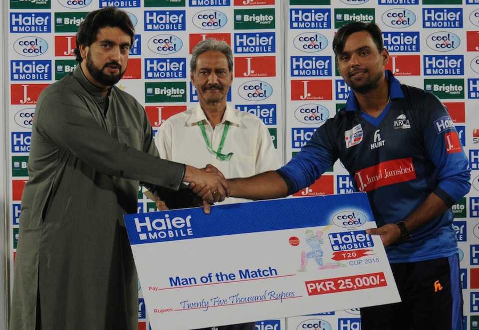 Khurram Manzoor was named Man of the Match for his 62 off 42, Islamabad Region v Karachi Region Blues, Group B, Haier Mobile T20 Cup, Rawalpindi, September 11, 2015