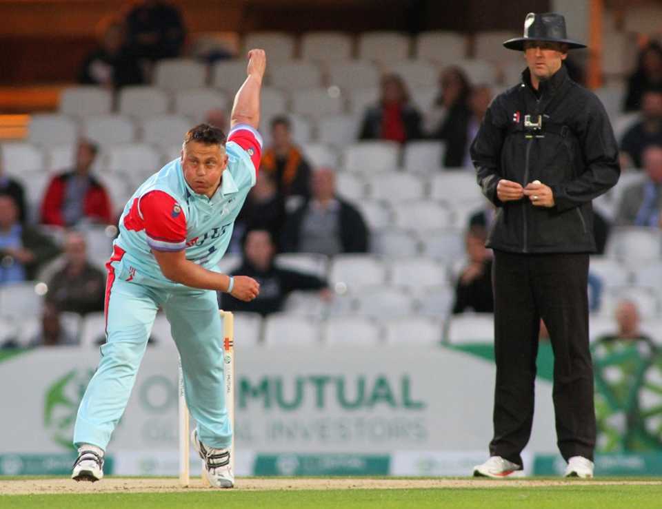 Darren Gough sends down a delivery in the Cricket for Heroes charity match