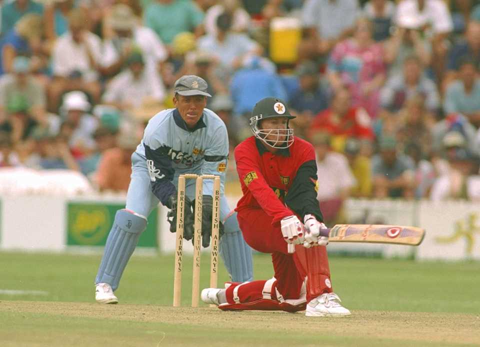Andy Flower goes for the reverse sweep
