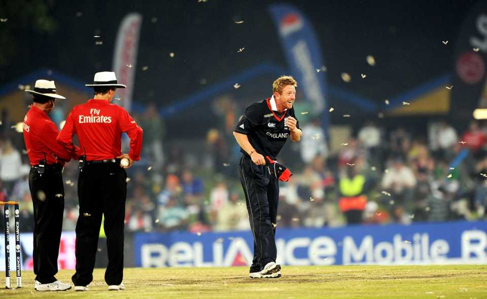 Paul Collingwood looks on in amazement as moths interrupt the match
