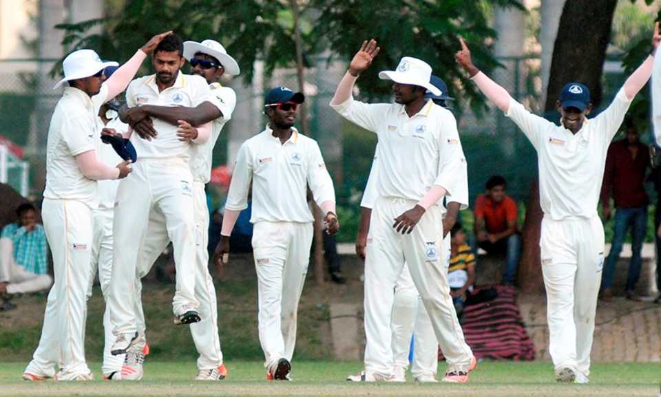 The Tamil Nadu players celebrate a wicket in their match against Madhya Pradesh