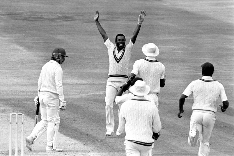 Malcolm Marshall gets Allan Lamb lbw, England v West Indies, third Test, third day, Headingley, July 14, 1984