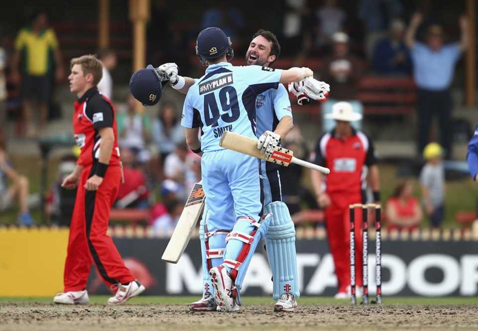 Ed Cowan and Steven Smith celebrate after winning the final, New South Wales v South Australia, Matador Cup final, Sydney, October 25, 2015