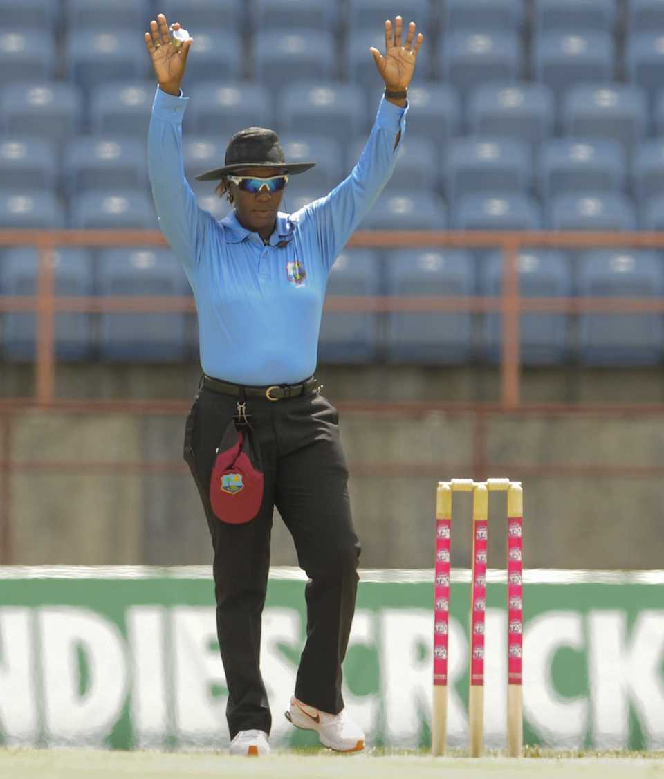 Jacqueline Williams signals a six struck by Aliya Riaz, West Indies v Pakistan, 1st women's T20, Grenada, October 29, 2015