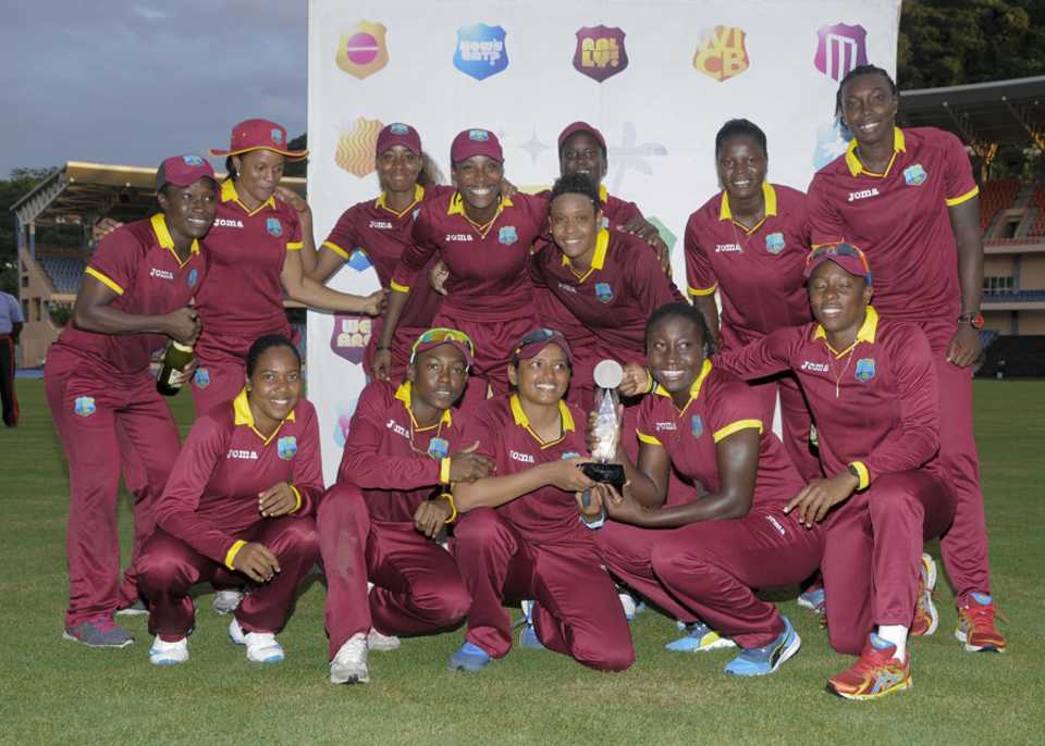 West Indies women pose with the series trophy