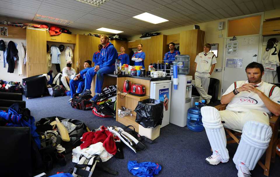 Players in the Leicestershire dressing room watch the Royal Wedding on TV