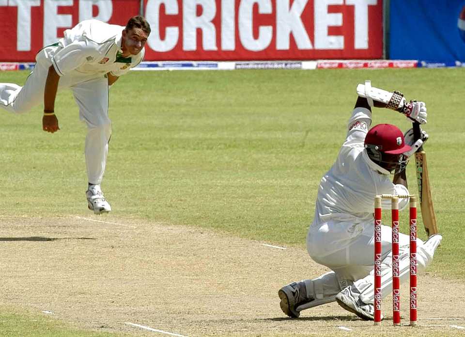 Fidel Edwards takes evasive action from an Andre Nel delivery, West Indies v South Africa, 3rd Test, Bridgetown, 1st day, April 21, 2005