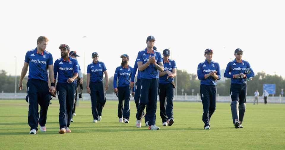 England's players leave the field after a practice-match victory against Hong Kong, Hong Kong v England (unofficial ODI), Sharjah, November 8, 2015