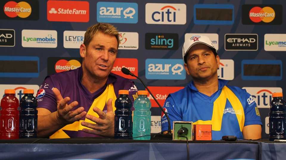 Shane Warne and Sachin Tendulkar at the post-match press conference