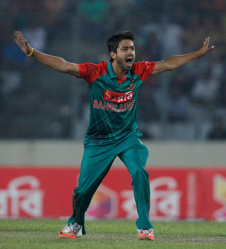 Debutant Jubair Hossain gets the first of two wickets in an over