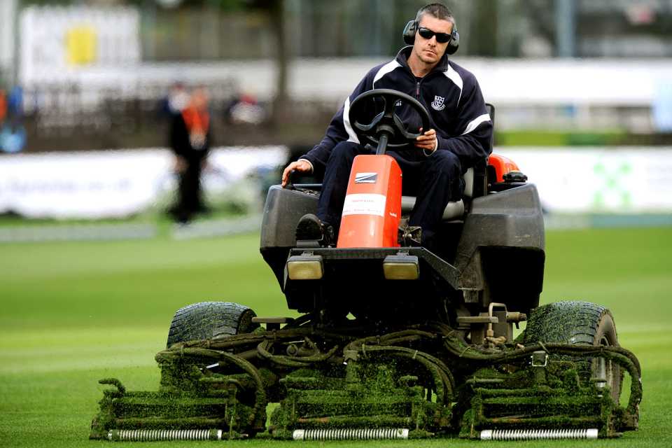 A groundsman cuts grass at Hove, Sussex v Lancashire, County Championship Division One, 3rd day, Hove, May 11, 2012