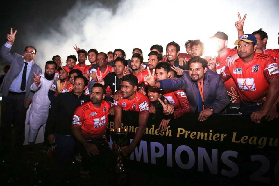 A jubilant Comilla Victorians side celebrate their BPL title triumph