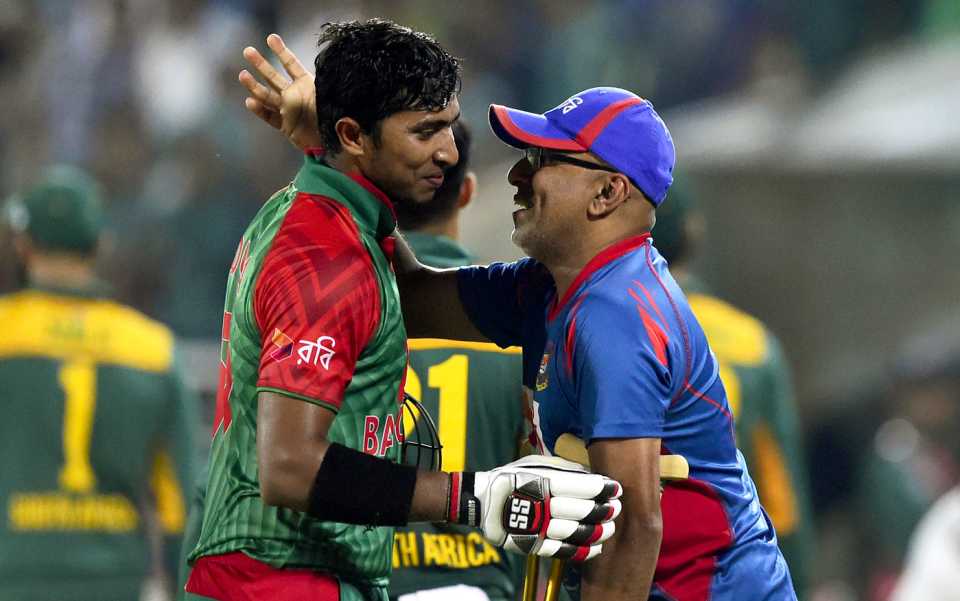 Soumya Sarkar is congratulated by coach Chandika Hathurusingha, Bangladesh v South Africa, 2nd ODI, Mirpur, July 12, 2015