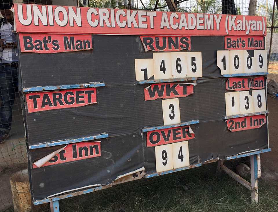A scoreboard at the ground in Kalyan displays Pranav Dhanawade's record score of 1009*, Mumbai, January 5, 2016