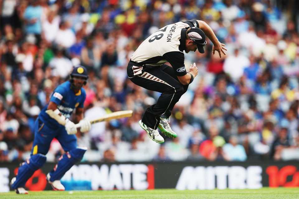 Corey Anderson ducks under the ball while in the field, New Zealand v Sri Lanka, 2nd T20I, Auckland, January 10, 2016