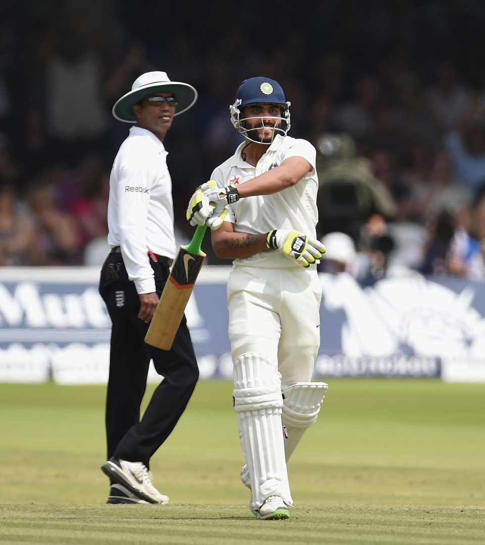 Ravindra Jadeja celebrates his fifty, pretending to wave a sword, England v India, second Test, day four, Lord's, July 20, 2014