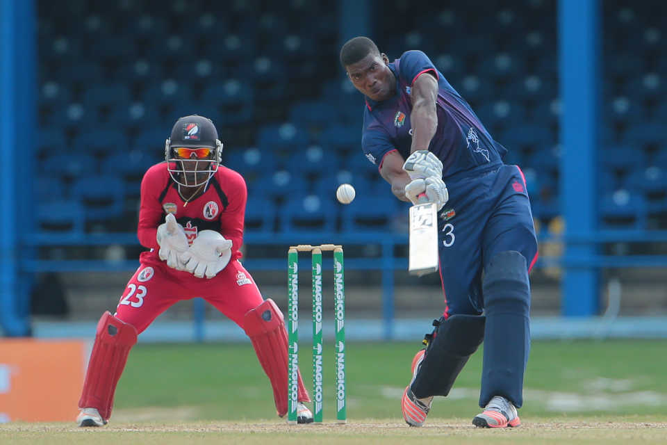 Timroy Allen drives over the off side, Trinidad & Tobago v ICC Americas, Nagico Super50 2016, Port-of-Spain, January 15, 2016