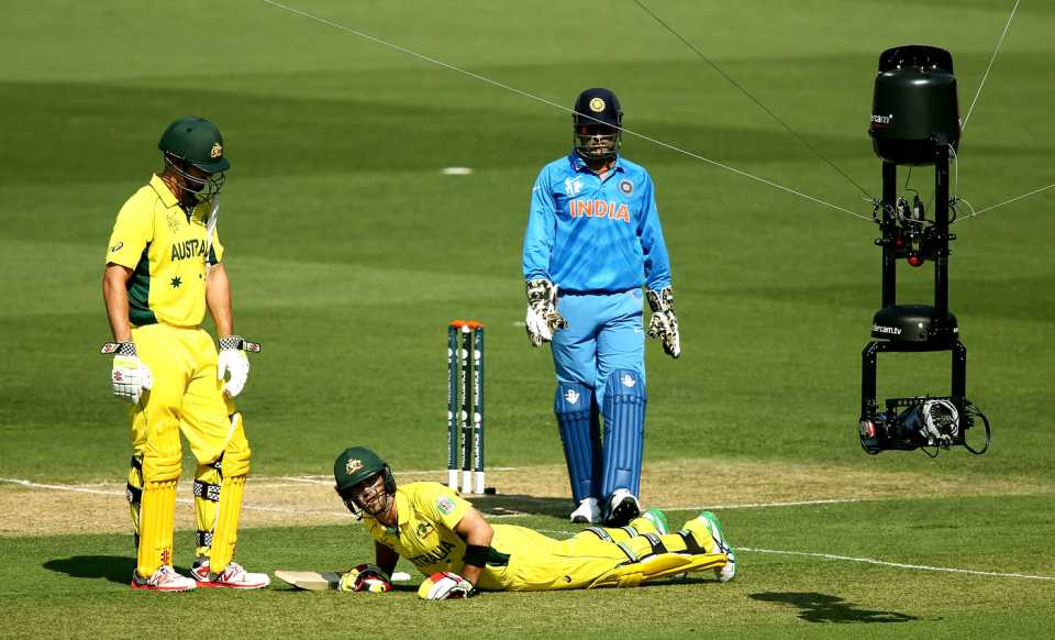 The Spidercam is visible as Glenn Maxwell reacts after getting cramps, Australia v India, World Cup warm-ups, Adelaide, February 8, 2015