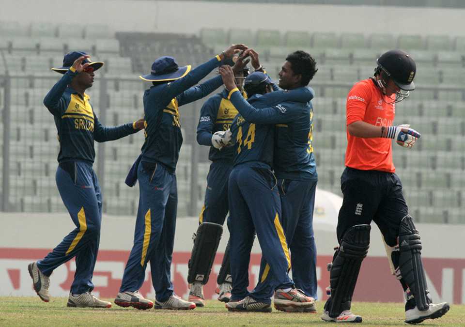 Sri Lanka Under-19s celebrate after dismissing Sam Curran for 25
