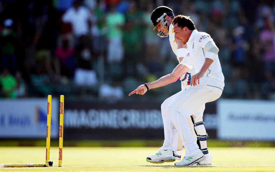 Dale Steyn points to Brad Haddin's flattened stump, South Africa v Australia, 2nd Test, Port Elizabeth, 4th day, February 23, 2014