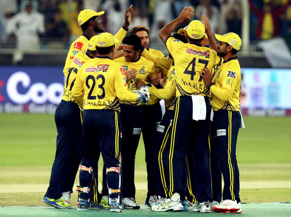 The Peshawar Zalmi players celebrate a wicket