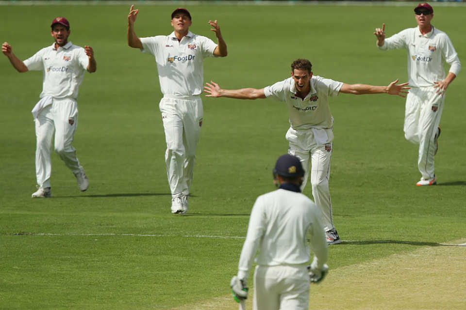 Peter George unsuccessfully appeals, Queensland v Victoria, Sheffield Shield, Brisbane, 2nd day, March 6, 2016