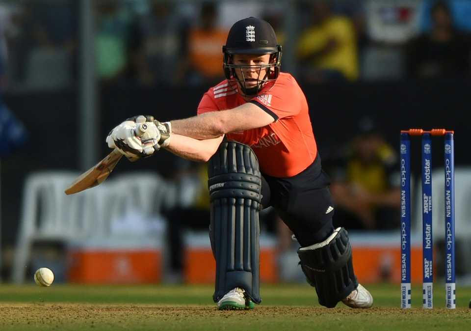 Eoin Morgan lines up to play a reverse sweep, New Zealand v England, World T20 warm-ups, Mumbai, March 12, 2016