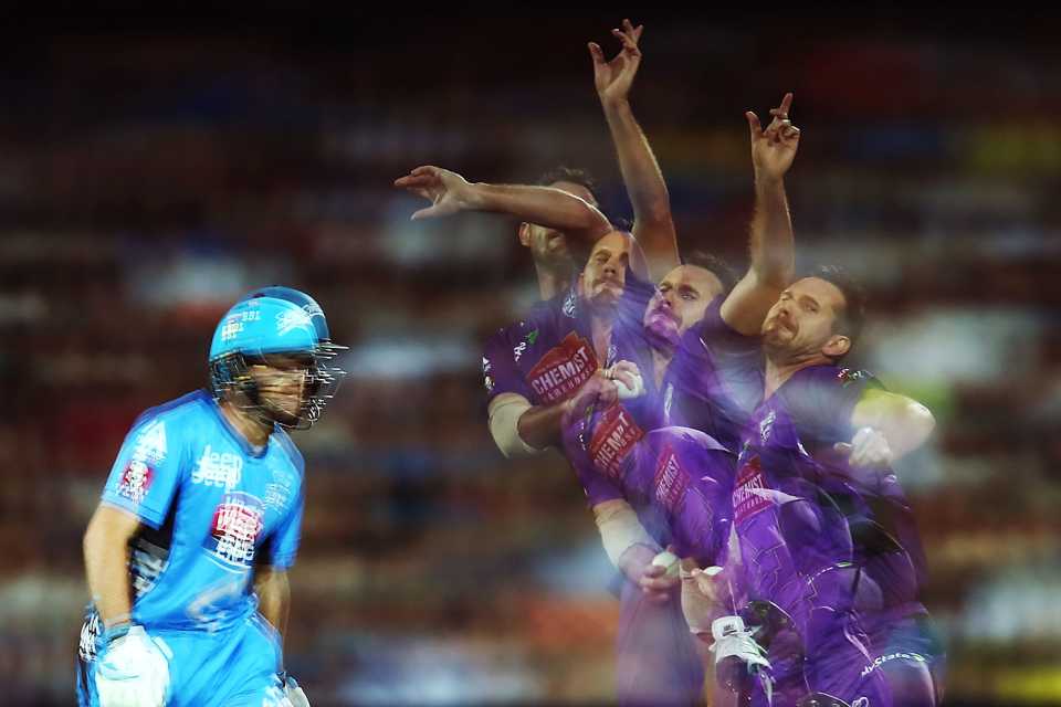 Multiple exposures of Shaun Tait bowling