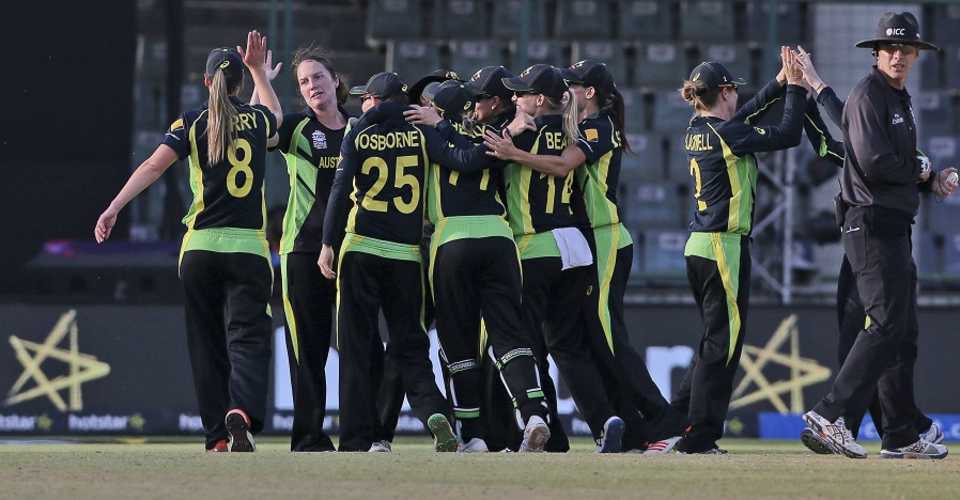 Australia celebrate after making their fourth successive Women's World T20 final, Australia v England, Women's World T20 2016, 1st semi-final, Delhi, March 30, 2016