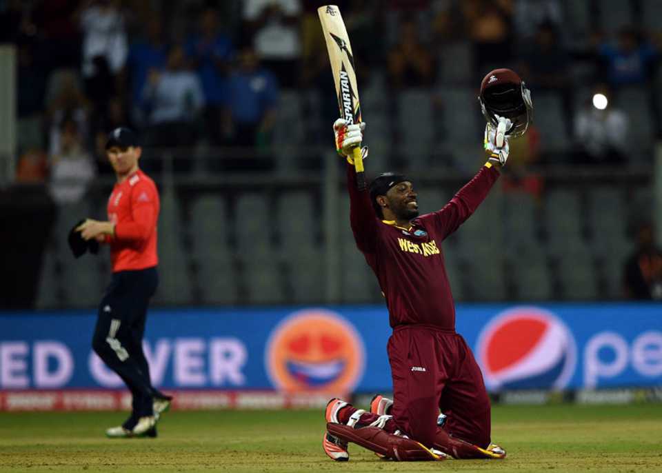 Chris Gayle is ecstatic after completing his century, England v West Indies, World T20 2016, Group 1, Mumbai, March 16, 2016