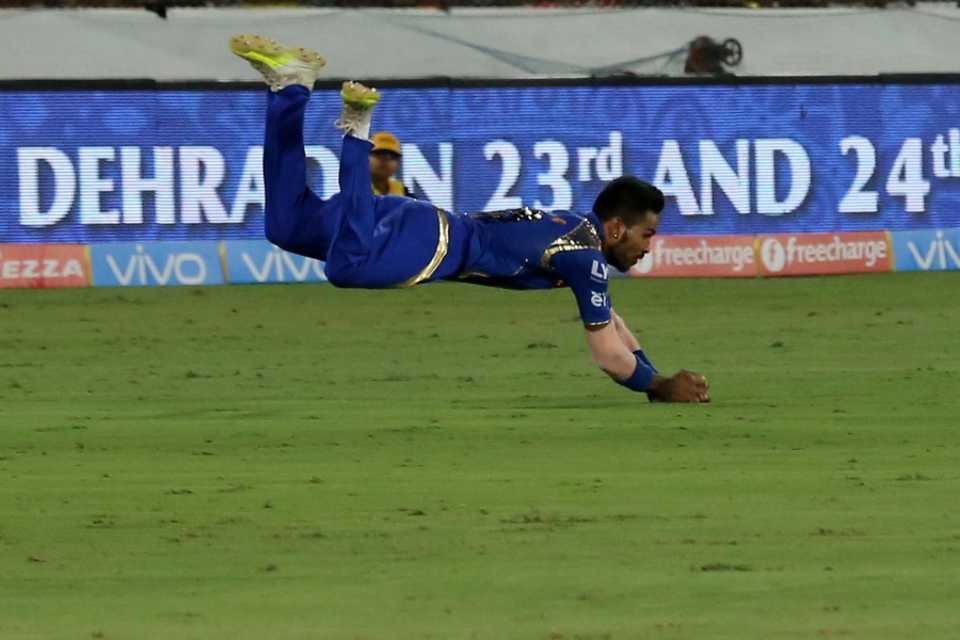 Hardik Pandya completes a catch after taking flight, to dismiss Eoin Morgan, Sunrisers Hyderabad v Mumbai Indians, IPL 2016, Hyderabad, April 18, 2016