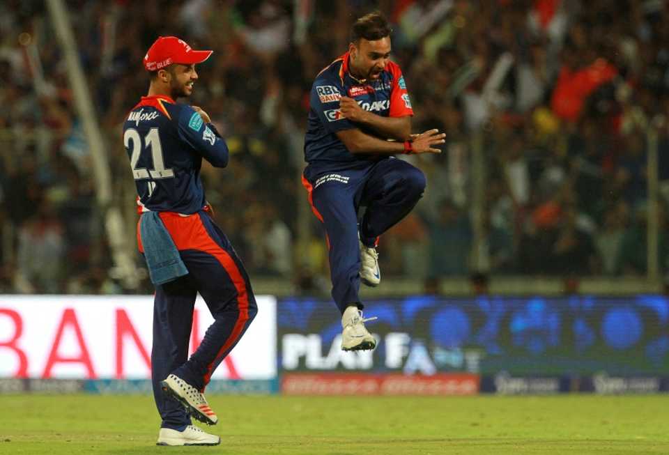 Amit Mishra is ecstatic after picking up a wicket, Delhi Daredevils v Mumbai Indians, IPL 2016, Delhi, April 23, 2016
