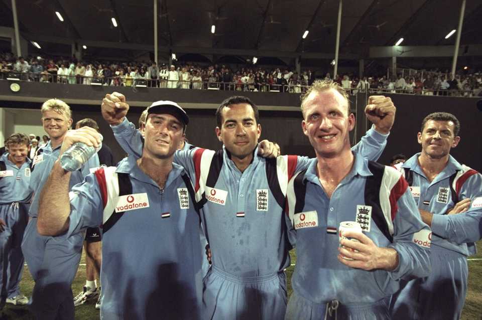 Graham Thorpe, Adam Hollioake and Matthew Fleming (from left) celebrate England's win