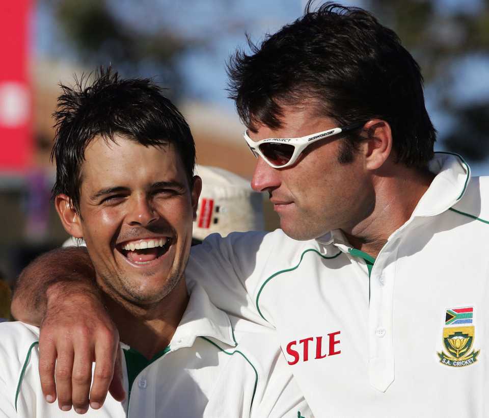 Jacques Rudolph and Justin Kemp share a joke, CA Chairman's XI v South Africans, Lilac Hill, Perth, December 9, 2005
