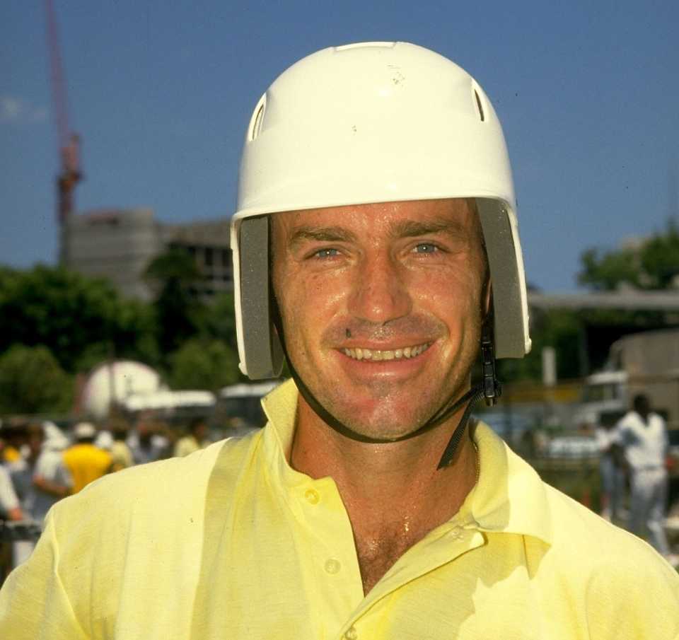 Greg Matthews wears a crash helmet, Australia v England, 3rd Test, Adelaide, 5th day, December 16, 1986
