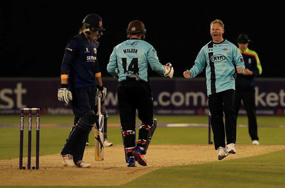 Gareth Batty picked up the key wicket of Tom Westley, Surrey v Essex, NatWest T20 Blast, South Group, Chelmsford, May 20, 2016